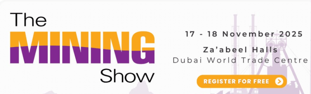 Banner zur „The Mining Show“ in Dubai mit klarer Event-Kommunikation und starkem Messefokus. Termin, Location und Call-to-Action sind prominent platziert und richten sich gezielt an ein internationales Fachpublikum der Mining-Industrie.