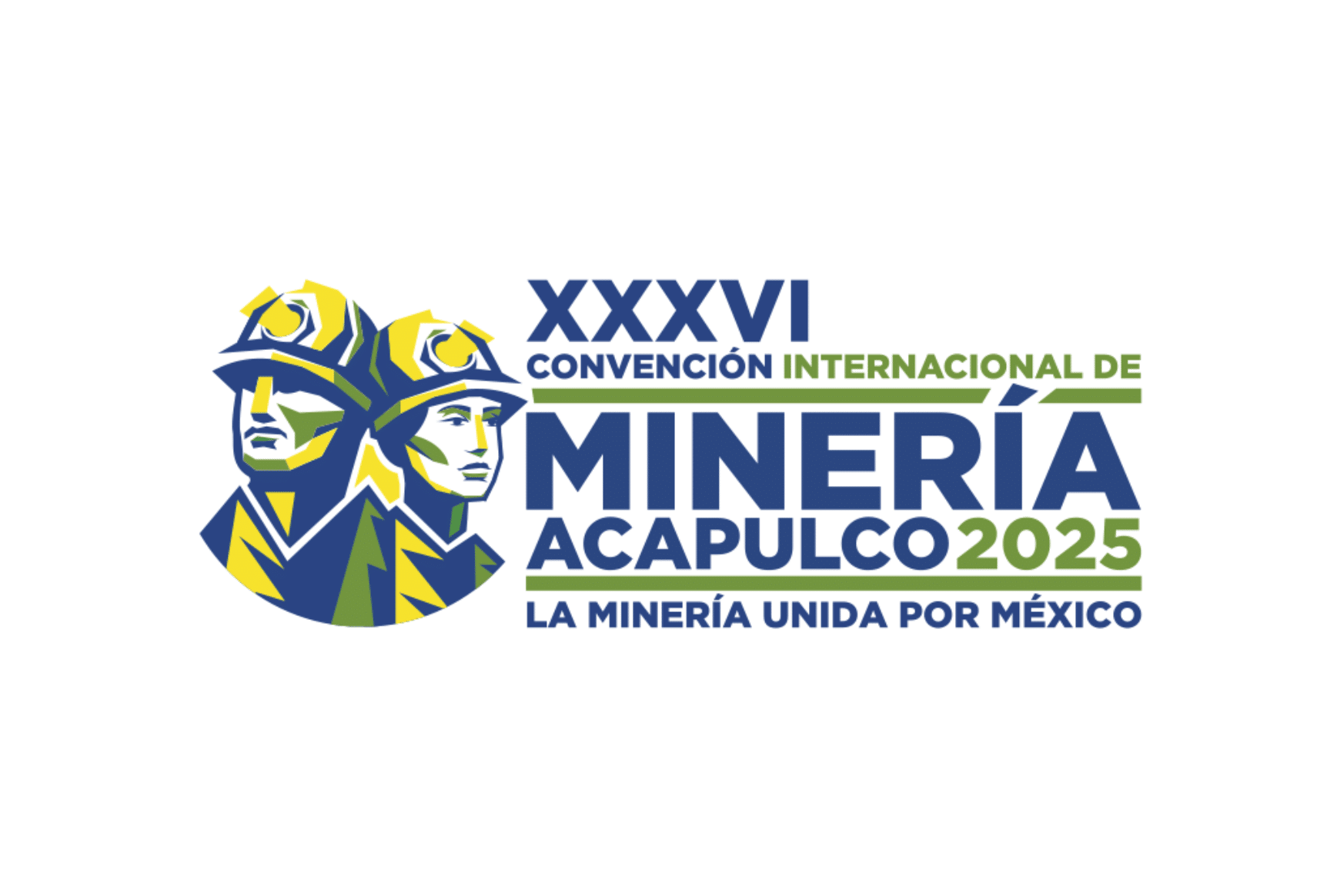 Logo der „XXXVI Convención Internacional de Minería Acapulco 2025“ mit starkem Bezug zur mexikanischen Bergbauindustrie. Klare Farbgebung und Symbolik unterstreichen den Leitgedanken „La Minería Unida por México“.